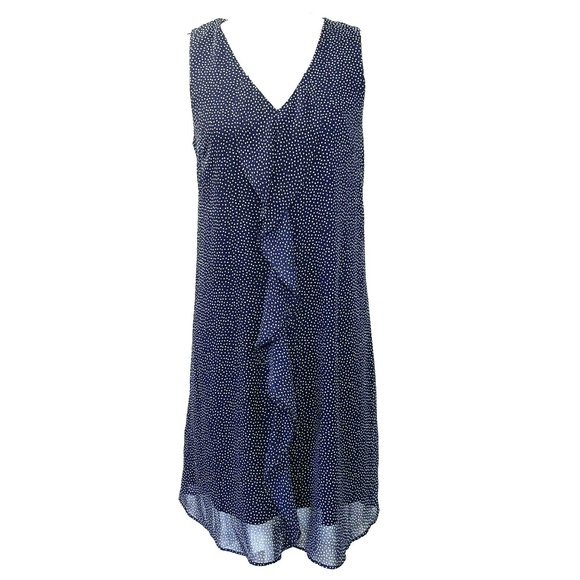 Gru Womens Shift Dress Size Med Blue White Polka Dot Sleeveless Ruffle V Neck - Picture 1 of 12